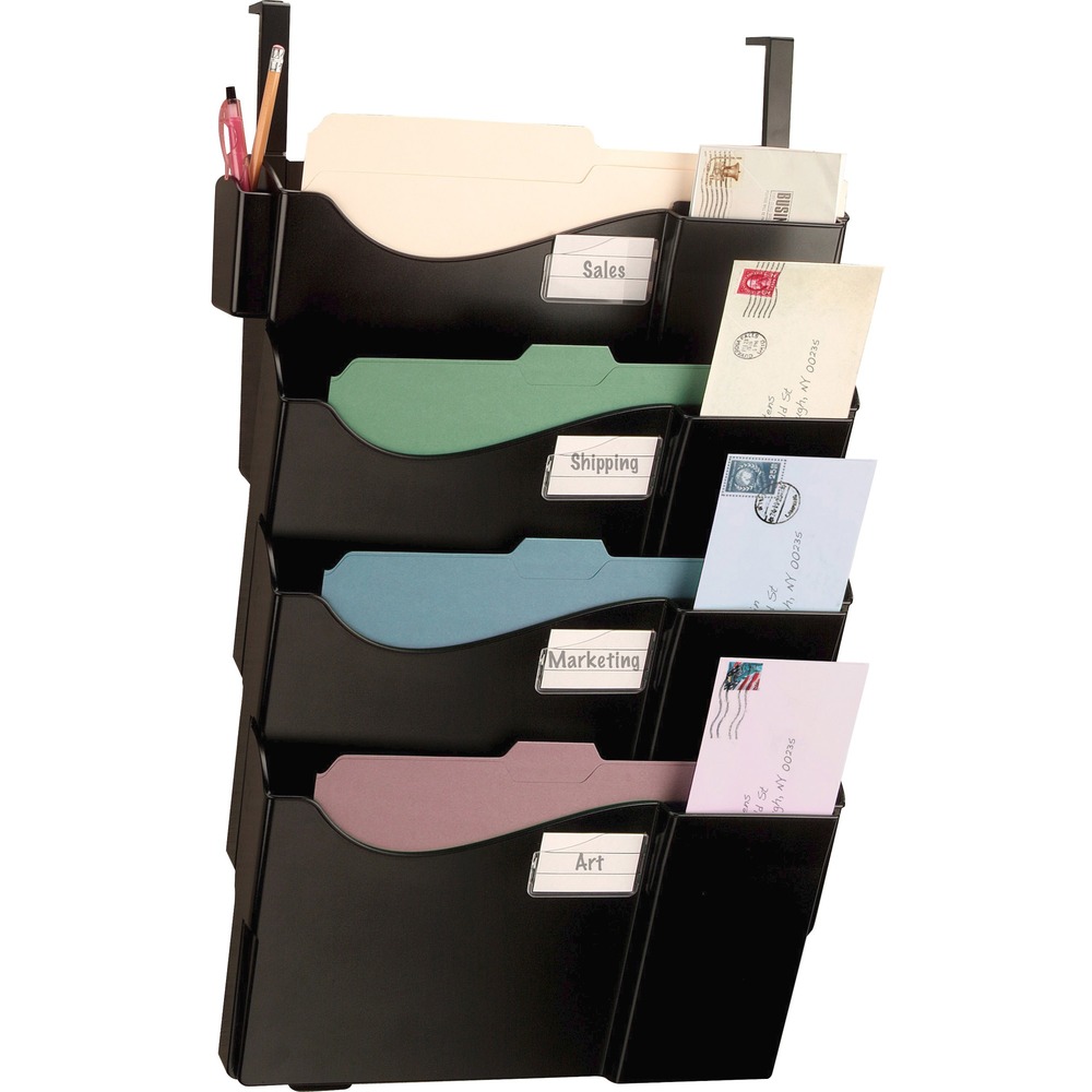 OIC21728 - Grande Central Filing System includes a starter pocket plus three add-on pockets. Design features special slots for envelopes or postcards and a detachable cup that fits on either side. Easily mount to walls with included mounting hardware. Categorize your files using included labels. Hangers adjust for wall panels ranging from 1-1/4" to 3" thick. More from the Manufacturer