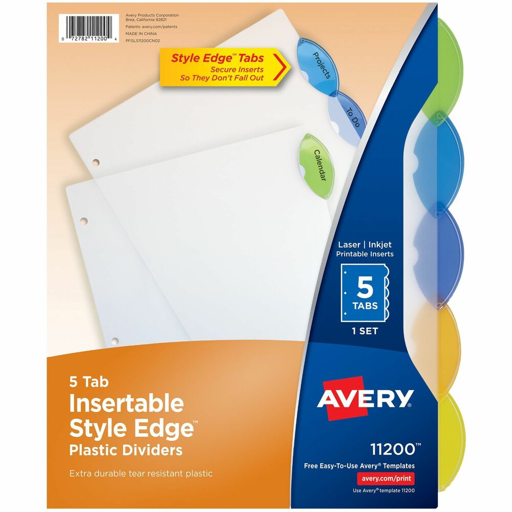 AVE11200 - Insertable dividers are designed for laser printers, inkjet printers or typewriters. Durable plastic construction allows frequent reference. Tab inserts from the side provide a large print area and secure fit. Large tab inserts can be easily formatted and printed using Avery templates, or they can be handwritten. Dividers are three-hole punched for easy insertion in standard-size binders. More from the Manufacturer