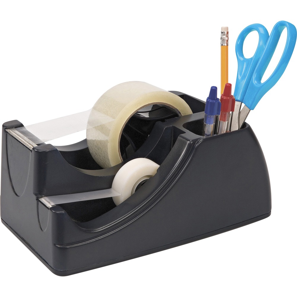 OIC96690 - Weighted base allows for easy one-hand dispensing of 2" packaging tape and ¾" tape. Features a compartment for pens, pencils, and scissors. Perfect for any mail room, shipping department, or sample room. Made from 30% recycled materials. More from the Manufacturer