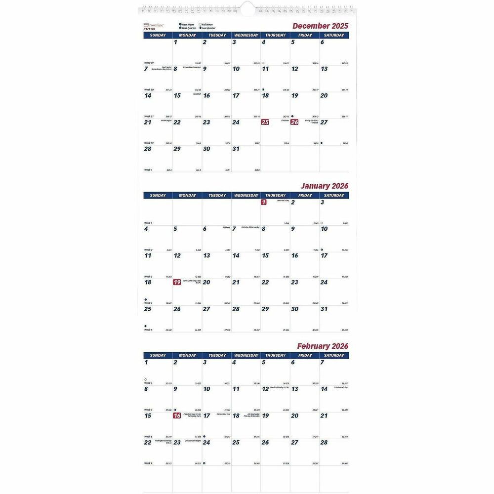 REDC171128 - Efficiently plan ahead with our 3-month-per-sheet wall calendar. Organize appointments and events easily with clear layouts, perfect for home or office.14 months, December to JanuaryThree months on each sheet, one block per dayNote section for each monthReinforced chipboard backerCountdown of days passed and days to come, highlights holidays and phases of the moonSize: 12-1/2"" x 27""English