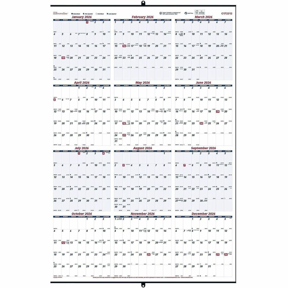 REDC172212 - Wall calendar offers full-year calendar reference at a glance. Each month from January to December is neatly listed with daily blocks for marking events and milestones. Monthly blocks also include Sunday-through-Saturday scheduling, count of days/days remaining and holidays in red. Calendar is printed in English on heavyweight paper. Metal supports at the top and bottom both feature eyelets to suspend the calendar.