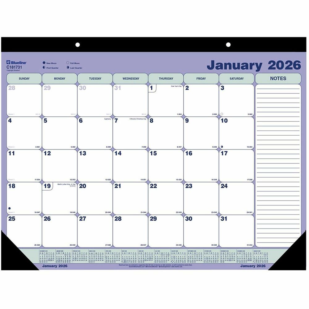 REDC181731 - Fitting desk pad for any home, school, or office with generous writing space to organize your schedule. Ideal for managing upcoming events and deadlines.12 months, January to DecemberOne month on each sheet, one block per dayYearly calendar at the bottom of each sheetNote section on the sideReinforced chipboard backer and cornersTear-off sheets, bound at top and perforatedTwo-hole punched for hangingCountdown of days passed and days to come, highlights holidays and phases of the moonSize: 21-1/4" x 16"English