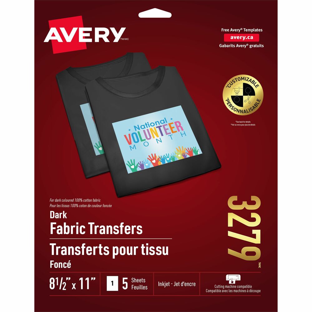 Avery® Dark TShirt Transfers for Inkjet Printers Letter 8 1/2" x
