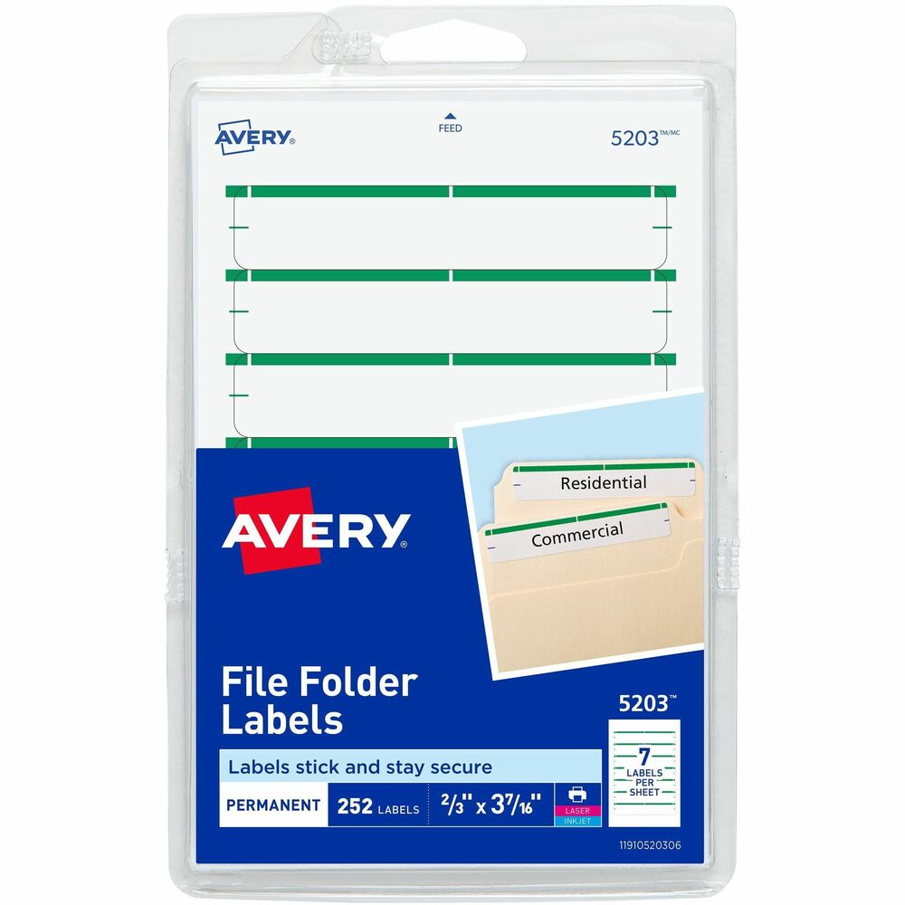 AVE05203 - Create a professional and organized look for easy and quick identification with these filing labels. Ideal when you only need a few labels. Permanent adhesive makes sure labels stick and stay without lift or curl. Write or print on the 4" x 6" sheets using an inkjet or laser printer. Each sheet contains seven labels. Each rectangular label is sized for 1/3-cut tabs on file folders. Avery offers many easy-to-use Avery Templates for Microsoft Word and many other popular software programs. More from the Manufacturer