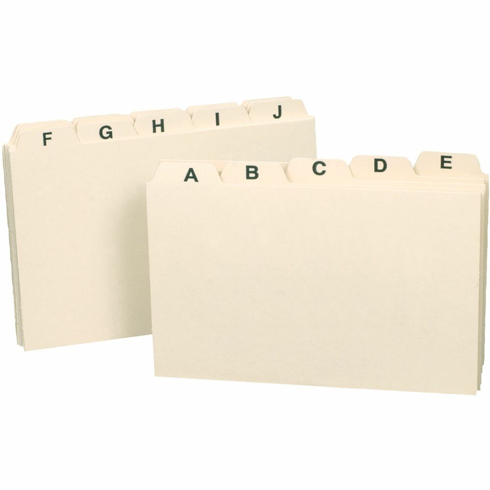 SMD55076 - Use card-sized guides for cross-reference indexes, desktop reference files, account lists, patient or customer address lists. Alphabetic indexed guides with 1/5-cut tabs can be used for cross-referencing accounts in large numeric filing systems. Bold black letters are preprinted on each tab. Tabs are in assorted positions for easy access. Card guides are made of 18 point manila.