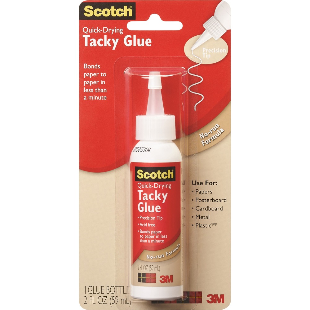 MMM6052 - Scotch Quick-drying Tacky Glue offers an ideal way to bond papers, foam core, poster board, cardstock and cardboard at home or the office. Glue is also effective on metal, ceramics and leather. Glue bonds paper to paper in less than one minute and will not wrinkle or bleed through most papers. Quick-drying, permanent adhesive incorporates a fine tip for ease and precision. Nontoxic glue is photo-safe and acid-free. Clean up with soap and water.