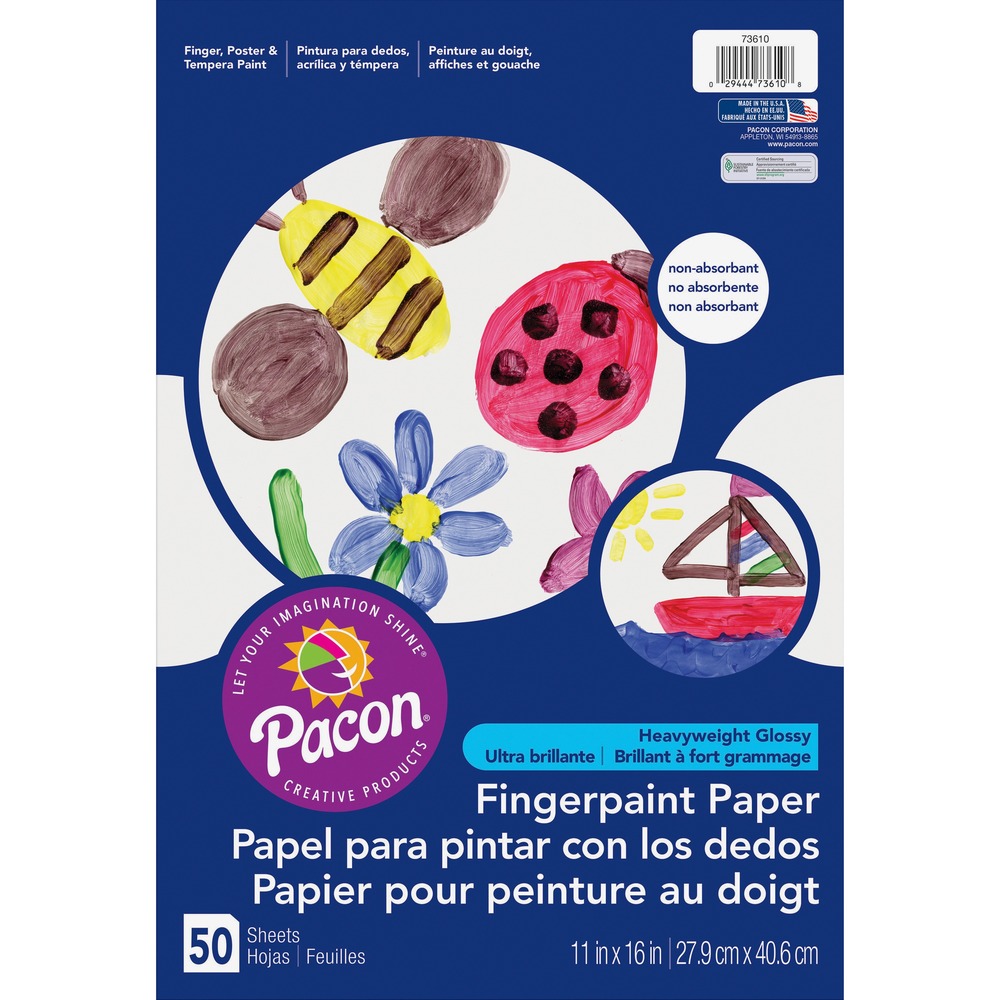 PAC73610 - Sheets of glossy, nonabsorbent paper are coated on both sides. Coating allows the paper to resist running, smearing and bleeding. Coated White Fingerpaint Paper is recyclable.
