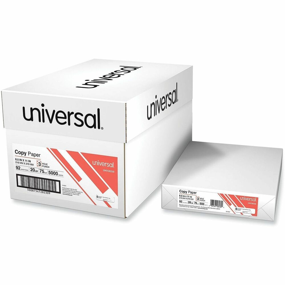 UNV28230 - Universal copy paper is the economical choice for all your business printing and copying needs. Versatile white paper that's reliable for everyday copying, high-speed volume applications, in-house reports, duplicating documents, and internal correspondence. Compatible with all office equipment, including copiers, laser printers, and fax machines. Laser and desktop inkjet guaranteed on cut-size cartons. Archival quality and acid-free. 92 bright white, 20 lb. paper.