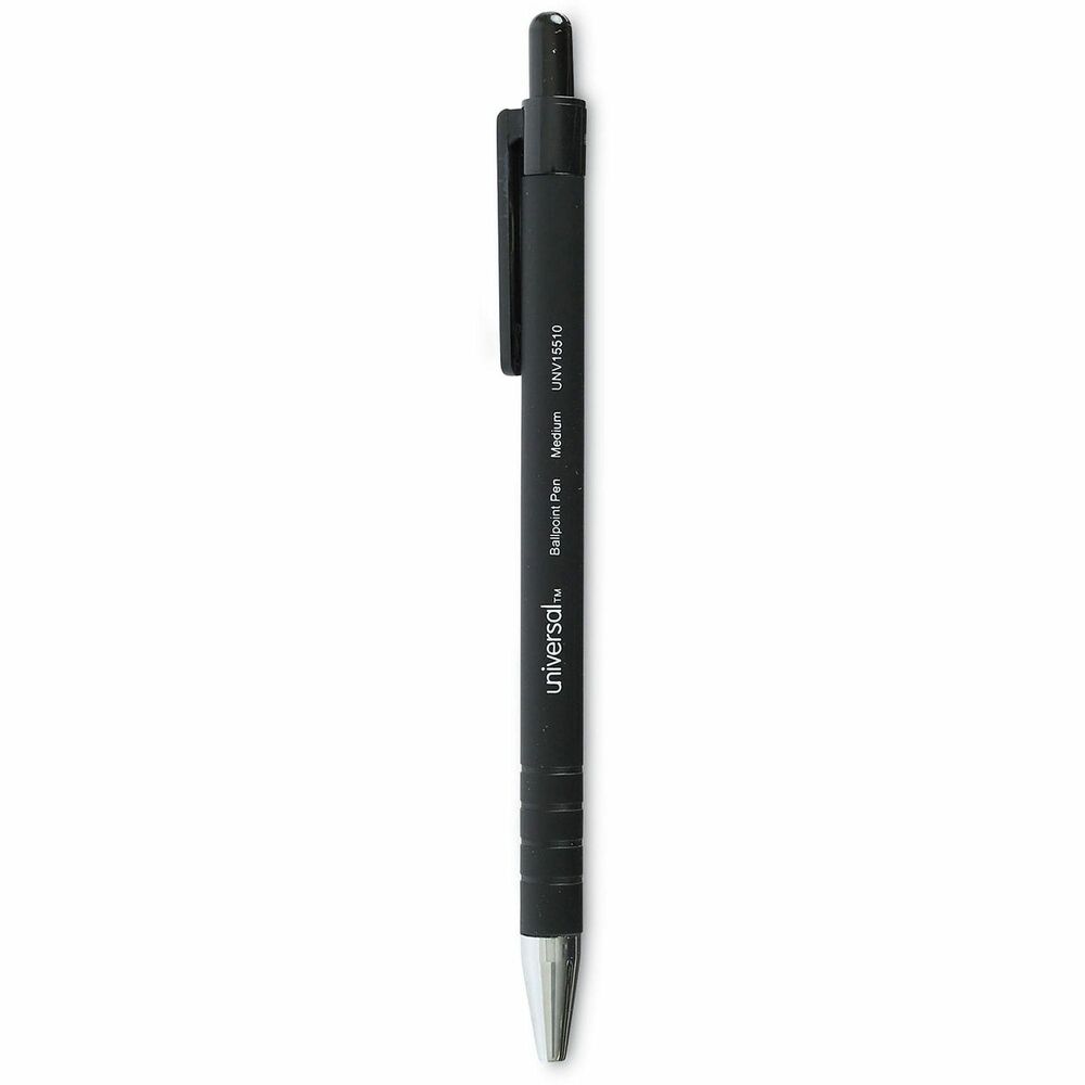 UNV15510 - Universal Retractable Ballpoint Pen features a rubberized barrel with ringed, no-slip grip that's easy to hold. The stable and rubberized barrel provides exceptional comfort and a secure grip for precision writing. The quick-drying, water-resistant ink won't smear or run, keeping your documents safe and legible. The retractable pen protects pockets and purses by keeping ink inside the pen when closed.