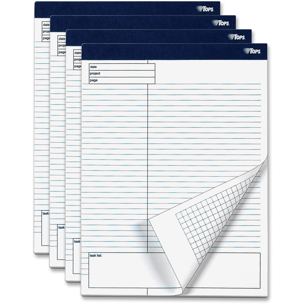 TOP77102 - Wide-margin planning pad is ideal for project notes and reminders. Unique sheet layouts aid planning, design and communication to help you organize notes and tasks to keep projects moving. Faintly printed horizontal rules reduce visual distraction and produce cleaner photocopies. Along with the wide margin on the front, a header at top of sheet provides space to record date, project and page number. Bottom box offers a place for a task list. Back of the sheet features grid ruling. Heavyweight paper prevents bleed-through to next sheet. Letter-size pad contains 40 stitched sheets of 20 lb. white bond sheets. Letr-Trim perforations allow clean and easy sheet removal. The heavyweight, 60 point chipboard backer provides firm writing support.