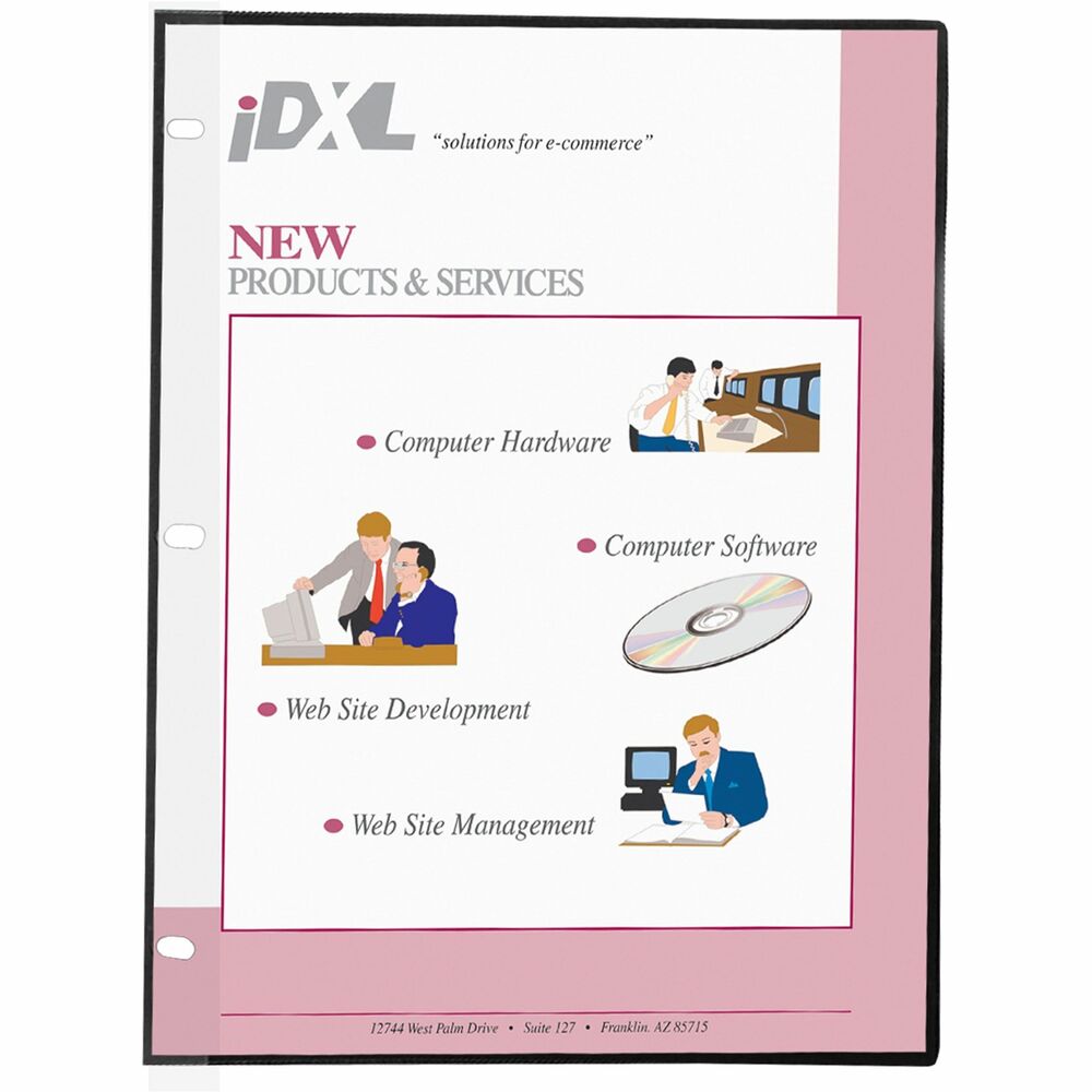 CLI00010 - Clear poly sheet protectors will not crack or tear, keeping your documents looking their best in three-ring binders. Archival-quality protection means no photocopy transfer. Folded sheet protector is open on three sides and three-hole punched for use in standard binders. Protector includes black mounting paper to provide a professional look.