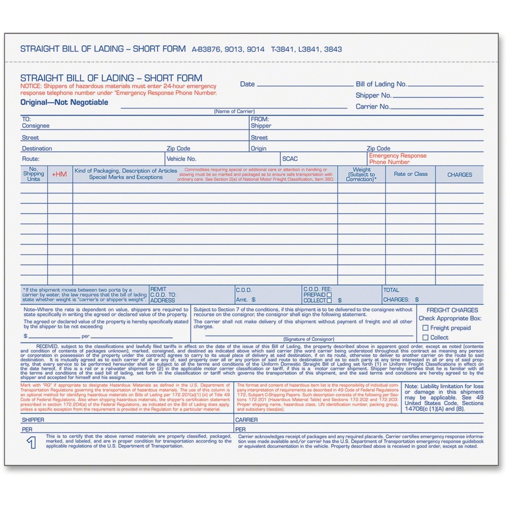 TOPL3841 - This Bill of Lading offers a simplified form to itemize up to 10 articles. Hazardous material information areas, required by law, are printed in red. Carbonless snap-off form includes three parts - all in white. Detached size is 8-1/2" x 7".