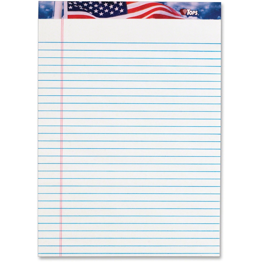 TOP75140 - American Pride tablet displays the nation's colors on a blue sky background printed on the binding strip at top. Letr-Trim perforations ensure clean and easy sheet removal. The sturdy chipboard backer offers convenient writing support when away from a desk. Each letter-size pad contains 50 legal/wide-ruled, white sheets with stitched binding to secure them. Heavyweight, 16 lb. paper resists ink show-through.