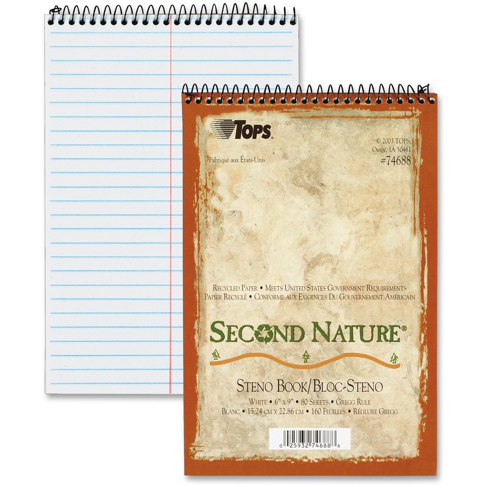 TOP74688 - Use this Second Nature Notebook to complete the cycle and recycle. This wirebound steno book delivers the quality you need for efficiency. The compact size is great for on-the-go note-taking. Coil-lock wire binding at the top prevents snagging and scratching on your desk. Top binding is ideal for both right-handed and left-handed writers. One-subject notebook contains 70 sheets of 15 lb. acid-free paper that is Gregg-ruled for neater notes. 24 point chipboard backer helps protect your notes.