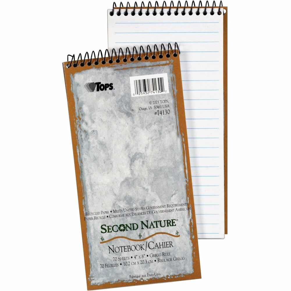 TOP74130 - Use this Second Nature Notebook to complete the cycle and recycle. This wire bound, reporter's notebook delivers the quality you need for efficiency. Coil-lock wire binding at the top prevents snagging and scratching on your desk. One-subject notebook contains 70 sheets that are Gregg-ruled for neater notes. 27 point chipboard backer helps protect your notes.