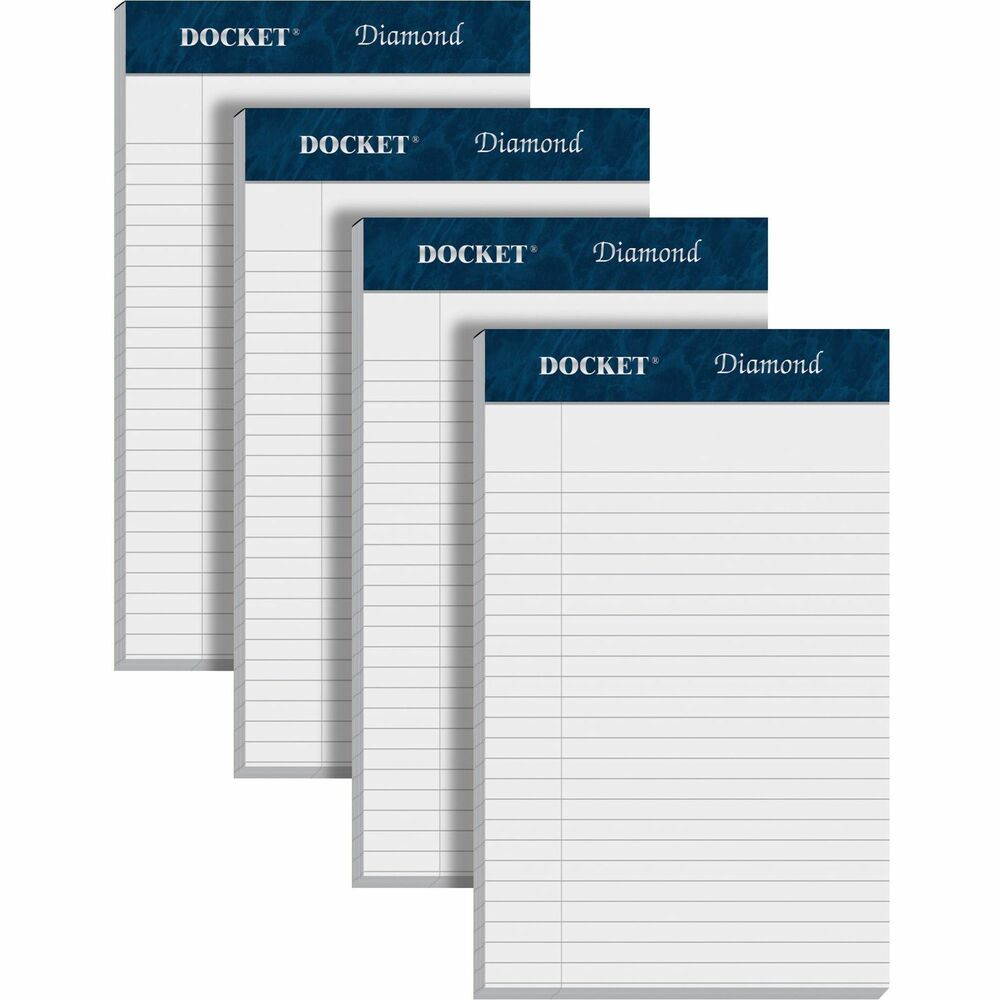 TOP63981 - Docket Diamond Writing Tablet contains superior, 24 lb. premium stationary with professional, fine laid finish, 25 percent cotton content and distinct watermark. Letr-Trim perforation at the top allows clean and easy sheet removal. Binding at the top is double-stitched for added durability. Top binding is ideal for both right-handed and left-handed writers. Extra-strong, 60 point chipboard backer provides writing support when away from a desk. Each tablet contains 50 sheets of heavyweight, 24 lb. acid-free paper. Each sheet is junior legal-ruled with 9/32" line spacings and a 1" left margin.