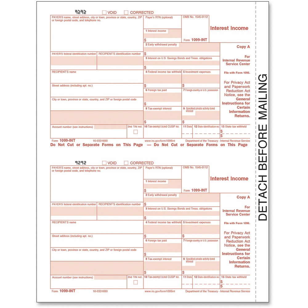TOP22983 - Five-Part Laser 1099-INT is used for reporting interest income. Each sheet includes two forms that can be used in both laser and inkjet printers. Detached size is 3-2/3" x 5 1/2". Package includes one 1096 Summary Transmittal Form.