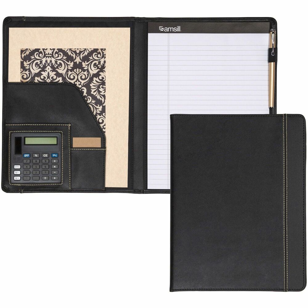 SAM71220 - Slim pad holder with calculator offers an easy, professional-looking way to equip yourself for your next meeting. Padded cover looks and feels like fine leather. Design also features hand-turned and hand-stretched binding edges and faux reptile trim. Letter-size pad holder includes a writing pad, dual-powered calculator, pen loop and inside storage pockets for documents and business cards. More from the Manufacturer