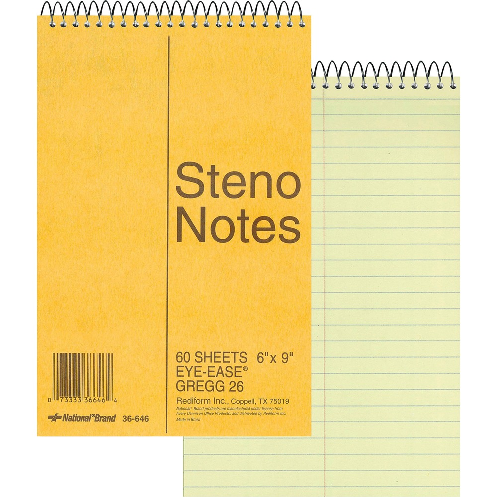 RED36646 - Steno notebook contains 60 sheets of green Eye-Ease paper. Each sheet is Gregg-ruled and has a centerline down the middle. Notebook features wire binding at the top and a brown board cover.