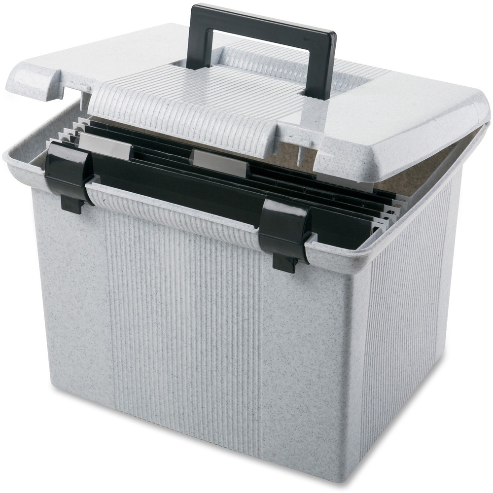 PFX41747 - Transport important documents easily with Portable File Box. It gives you a complete, ready-to-use portable filing system with a durable built-in handle and secure latch closure. Flip-up handle stays out of way until needed. Lid protects contents when closed. This black file box contains three black Pendaflex Reinforced Hanging Folders with clear plastic tabs and inserts. Each file box holds up to 22 letter-size hanging folders. File box is made of durable, high-impact plastic.