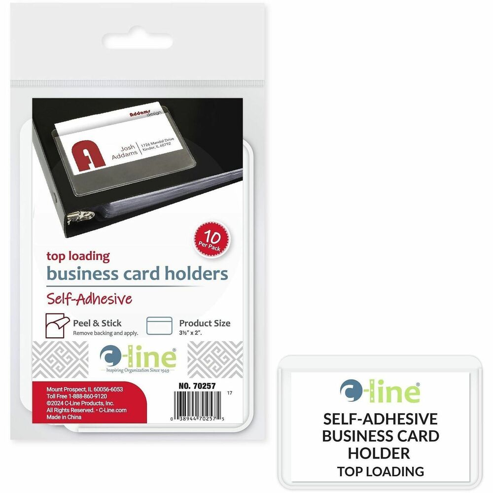 CLI70257 - Remove backing and attach this handy business card holder to proposals, presentation, binders, notebooks, reports or almost anywhere. Self-adhesive design requires no staples or paper clips. Top-loading card holder is designed to hold most standard-size business cards.