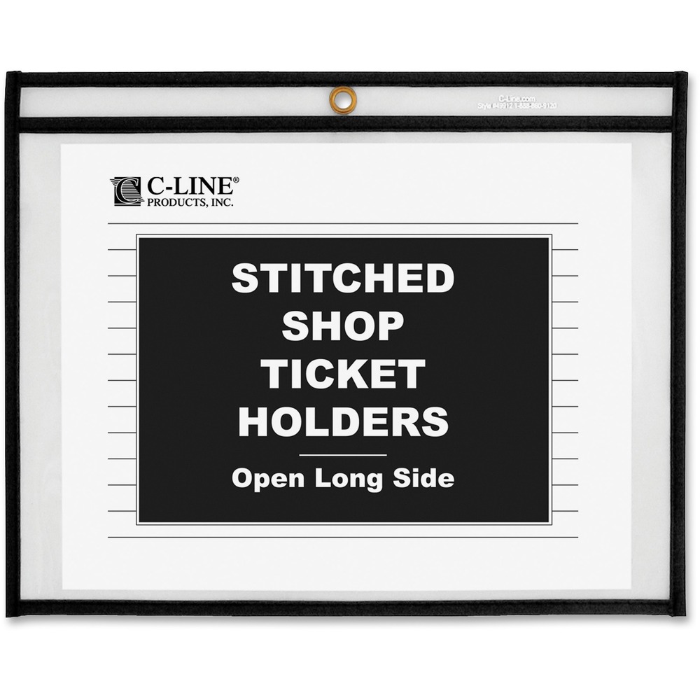 CLI49911 - Store and protect work orders, production schedules, inventory cards and more in these stitched shop ticket holders. Use the convenient metal eyelet at top for hanging. Strong, rigid, clear vinyl allows easy visibility of documents on both sides. Reinforced stitched edge prolongs product life. Holders open on the long side.