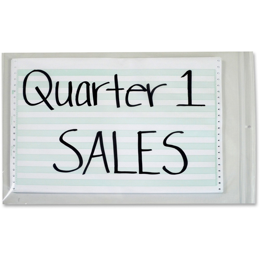 CLI47014 - Heavy-gauge bags let you store everything from reports to paper clips. Poly Zip seal provides total protection for the contents. Airtight, waterproof bags are single hole-punched at the top for easy hanging. Oversized design and 2" capacity accommodate long reports made with green-bar computer paper.