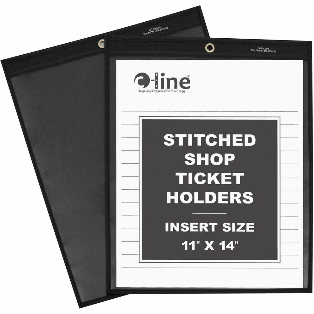 CLI45114 - Store and protect work orders, production schedules, inventory cards and more in these stitched shop ticket holders. Strong, rigid, clear vinyl allows easy visibility of your legal-size documents. Convenient eyelet at top is perfect for hanging the ticket holders up for easy access. Reinforced stitched edge prolongs product life. Top-loading ticket holders open on the short side and feature a clear front with a black, Pressboard back.