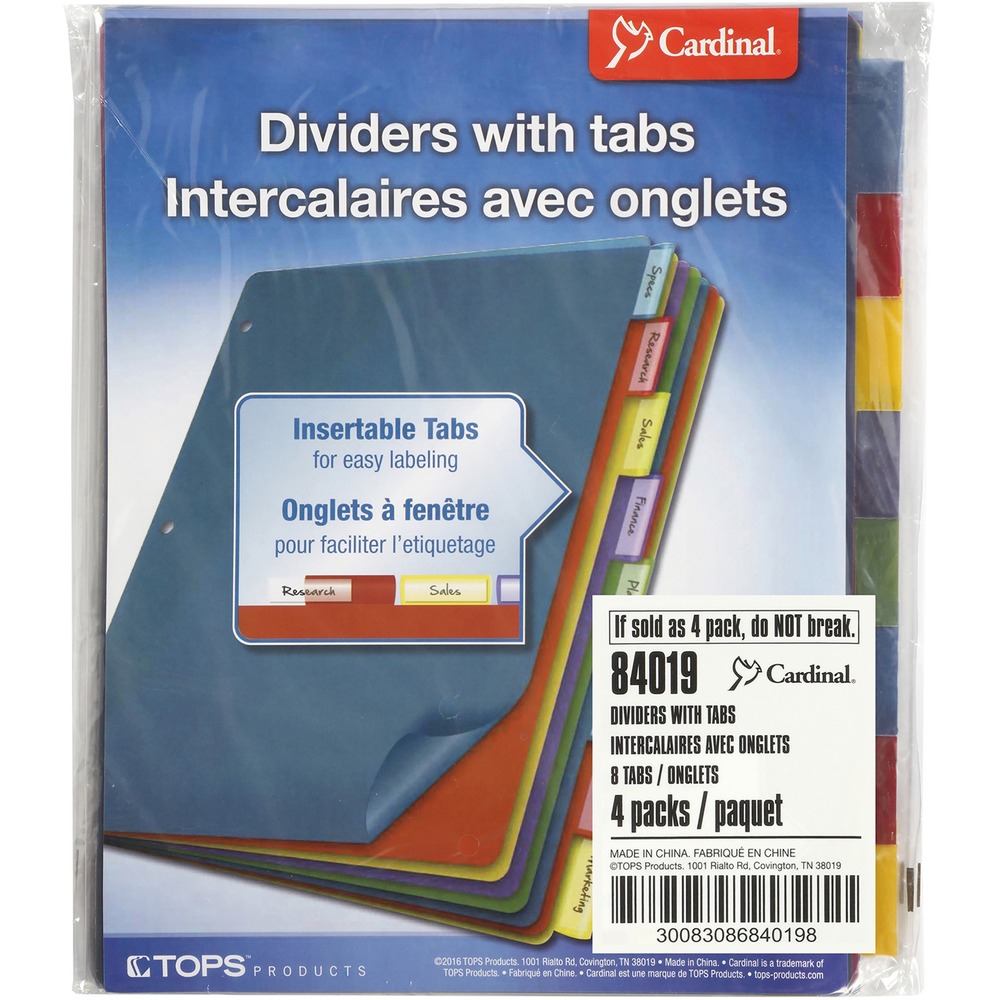 CRD84019 - Extra-tough poly dividers outperform regular paper pockets for binders. They will not fray or tear out of rings. Scratch-resistant, transfer-safe poly will not damage photos or transfer inks or toners. Three-hole punched edge easily fits into standard three-ring binders. Extra-large insertable tabs are designed so the tab inserts won't fall out. Set of dividers includes paper tab inserts and eight tabs in staggered positions for easy identification and access.