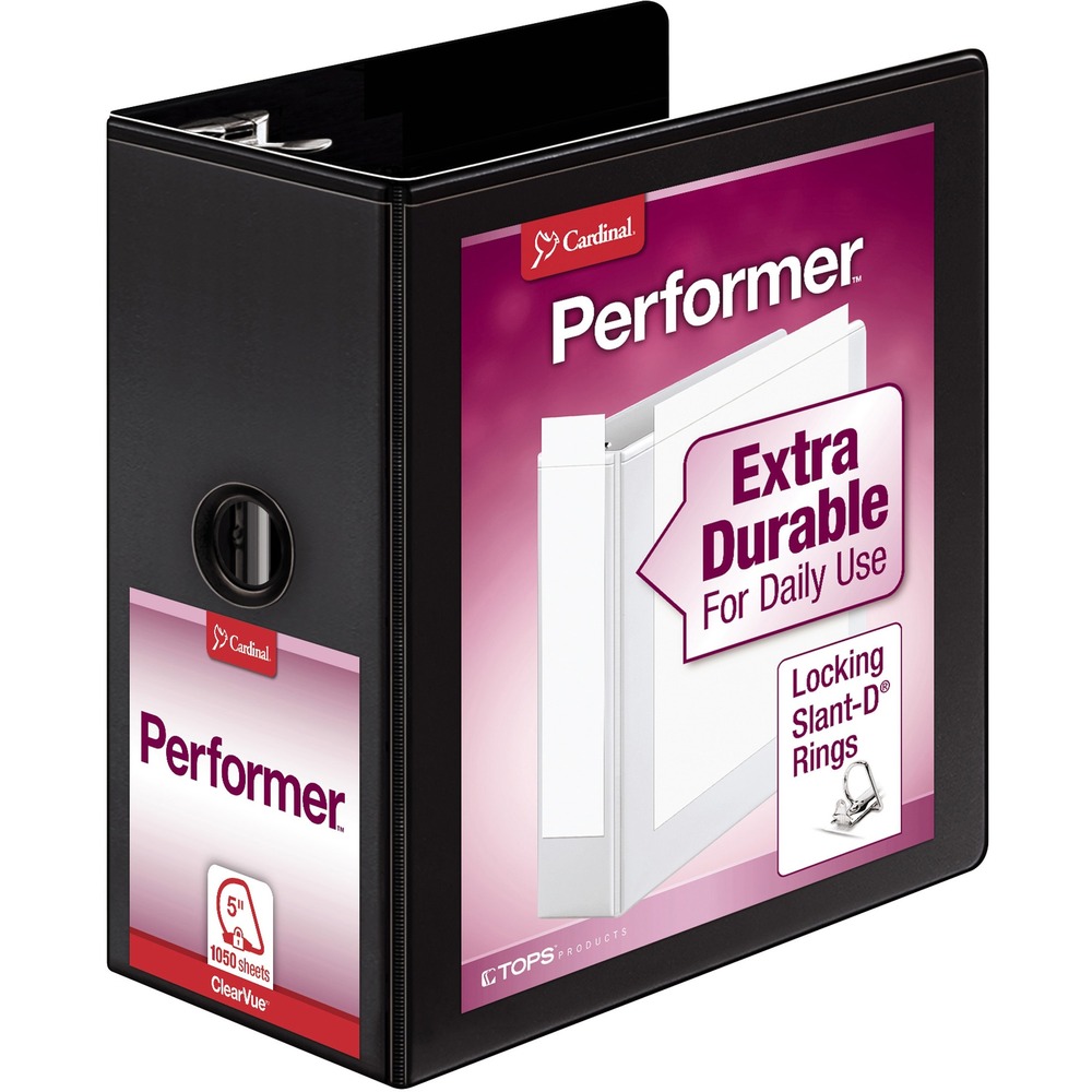 CRD17951 - Slant-D ring binder features nonstick, ClearVue covers for three-side customization. Nonlocking Slant-D rings hold 25 percent more than conventional round-ring metals. Back-mounted steel rings provide a clean, professional look and reduce wear. 5" ring capacity accommodates 1,050 letter-size sheets. With everyday durability for active projects, binder offers wrinkle-resistant covers and XtraLife cover hinge for added strength. Horizontal pockets inside front and back covers are perfect for loose or unpunched documents. Each pocket holds up to 40 sheets. View binder also offers a vinyl cover, sturdy chipboard core, exposed rivets and an easy-pull finger hole for easy shelf removal.