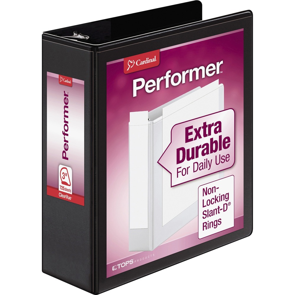 CRD17601 - Slant-D ring view binder features clear overlays on the front, back and spine to allow easy insertion of custom title sheets. Nonlocking, Slant-D rings hold 25 to 50 percent more than conventional, metal round rings. Back-mounted steel rings provide a clean professional spine and reduce wear. 3" expansion holds approximately 725 sheets. Binder also offers a vinyl cover, sturdy chipboard core, exposed rivets and horizontal pockets inside the front and back covers to hold loose documents. Each pocket holds 40 sheets. Binder is made with a high percentage of recycled material.