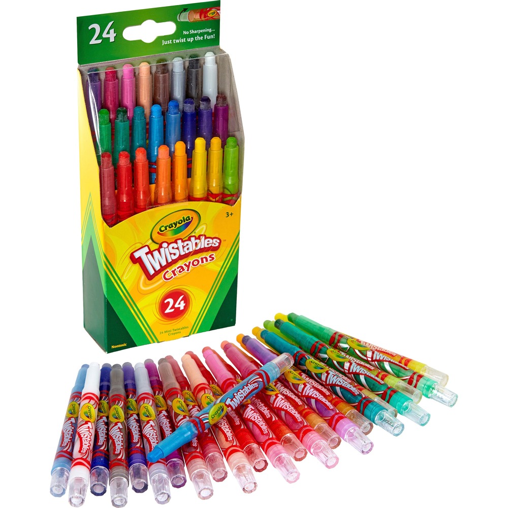 CYO529724 - Crayola Twistables Crayons never need sharpening-just give a twist to keep the color going! The durable plastic barrels are clear and let kids see the color inside while protecting it against breakage. This pack offers 24 Mini Twistables Crayons in assorted colors. Great for kids ages 3 and up