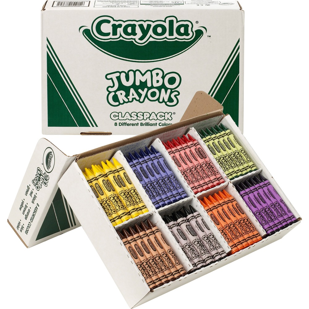 CYO528389 - Classpack contains Jumbo Crayons designed for use with young children or children with special needs. Crayons are easy to hold and hard to break. Crayons provide true color and no piling, buildup, or erasing of crayon layers. The 9/16" diameter crayons are easy for young children to grasp. The tip and barrel are strong, durable and long-lasting. Double-wrapped labels endure to keep the color name on the crayon. Crayons come in eight different colors in a sturdy, compartmentalized, reusable Classpack and are certified AP nontoxic.