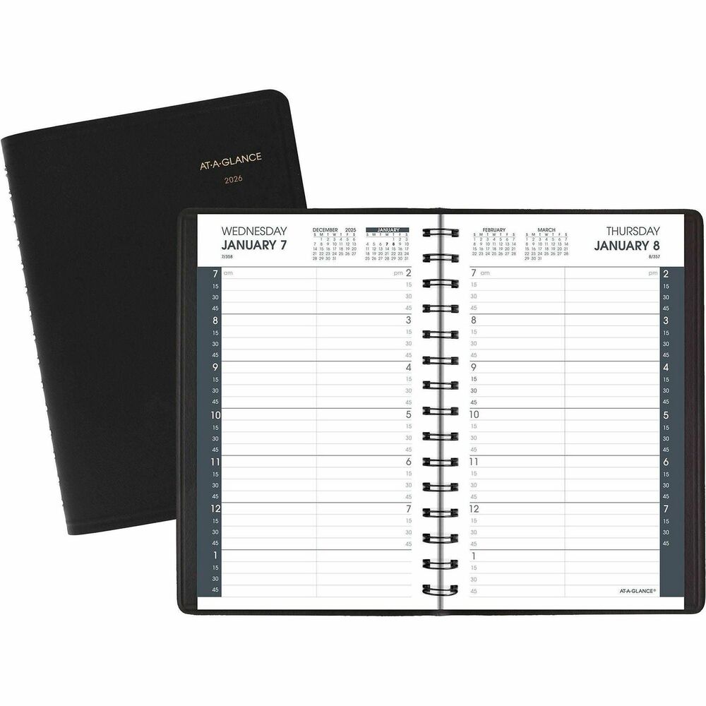 AAG7080005 - Daily Appointment Book Planner allows you to easily keep track of events and activities over a full year by scheduling your day right down to the quarter-hour. Dated planning pages range 12 months from January to December. Quarter-hourly appointment times run from 7 AM to 7:45 PM on weekdays and from 7 AM to 4:45 PM on Saturdays. Other elements of the one-page-per-day format include ruled daily entries and count of days/days remaining. Past, current and two future months reference displays across two days for longer-term planning. High-quality paper features superior ink bleed-resistance for a premium writing experience. Special pages include personal information, a three-year reference calendar, future planning and important numbers. Durable, faux-leather, flexible cover protects calendar pages and lasts all year. Twin-wire binding prevents snags and lets pages lie flat.