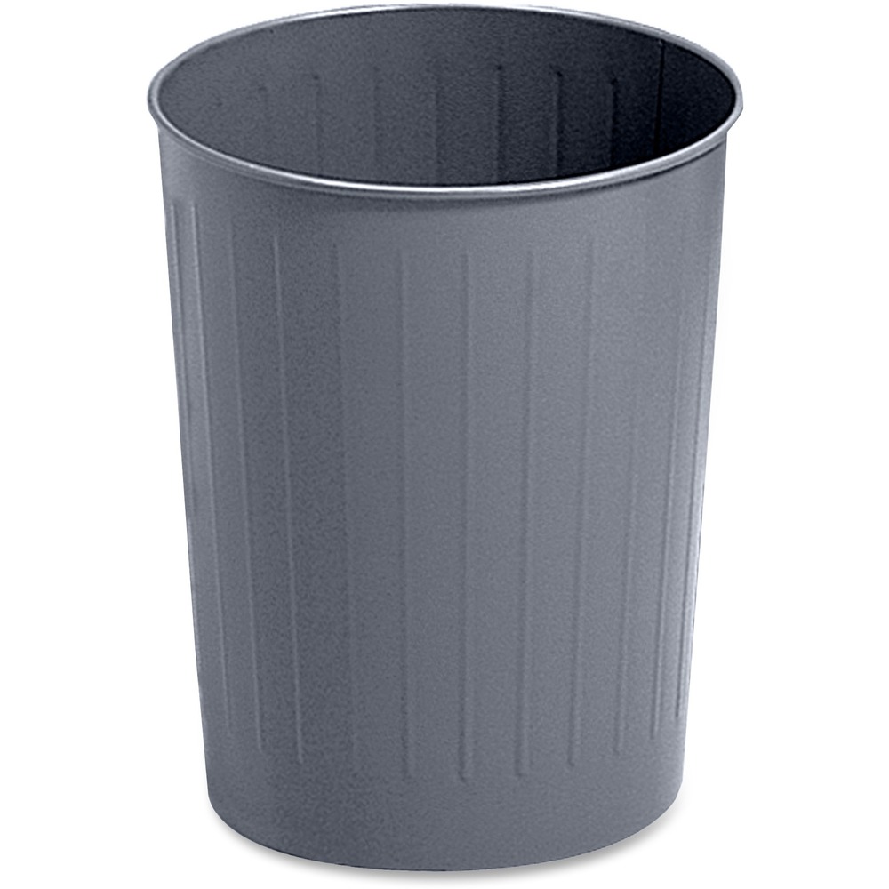 SAF9604CH - Puncture-resistant wastebasket offers solid-ribbed steel construction with rolled wire rim top. Bottom is recessed 1" to minimize contact for floors. Trash can features a durable powder-coat finish.
