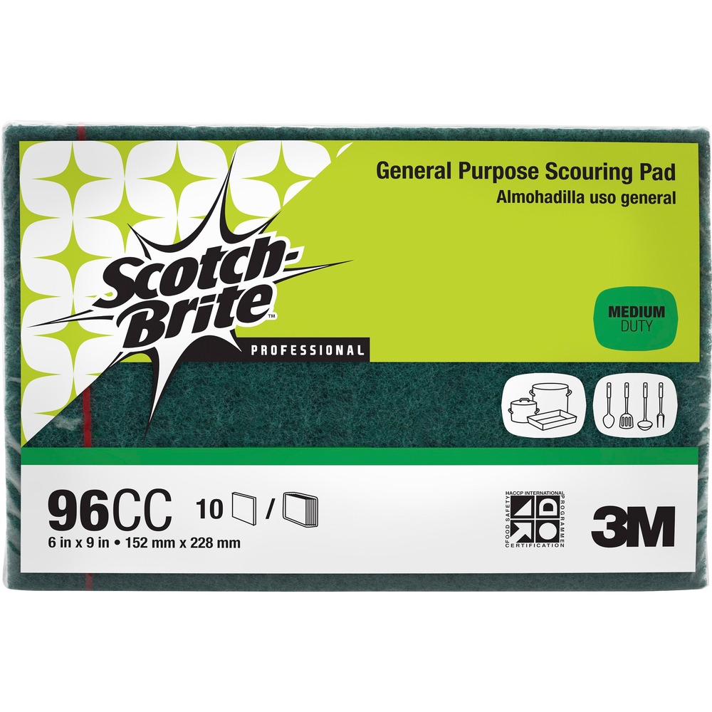 MMM96CC - General-purpose scouring pads are ideal for cleaning almost any surface and won't leave metal slivers in hands or food. Use to clean desks, counters, stairways, walls, railings, floors, maintenance equipment and kitchens. Scouring pads are nonrusting and resilient.