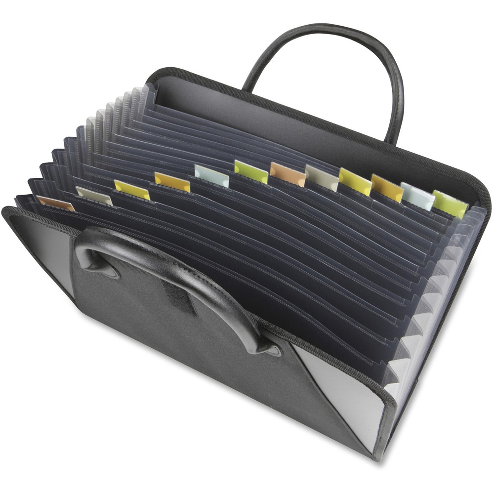 CLI48211 - Expanding file with handles looks like a briefcase and organizes like an expanding file. Design features 13 pockets with 12 dividers and color-coded index tabs. The clear pockets expand to hold important letters and documents. Hook-and-loop closure keeps materials safe and secure. Great for meeting and event planning. Expanding file has a soft-sided fabric finish and holds up to 300 letter-size documents.