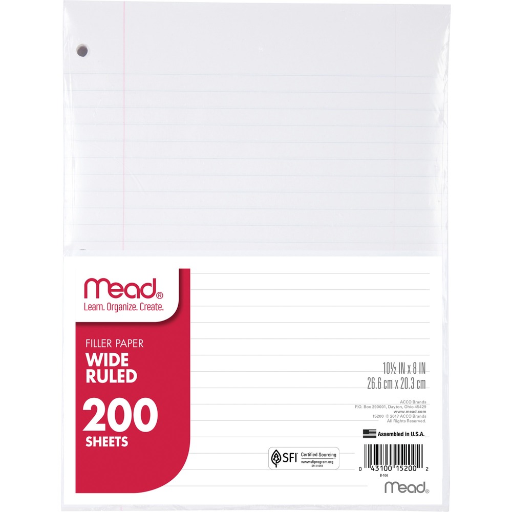 MEA15200 - White filler paper is three-hole punched and ready to insert into standard ring binders. Each 15 lb. sheet is legal/wide-ruled with 11/32" line spacings and a red margin line on the left. Heavyweight stock makes this paper extra durable so it will not rip out of binders.