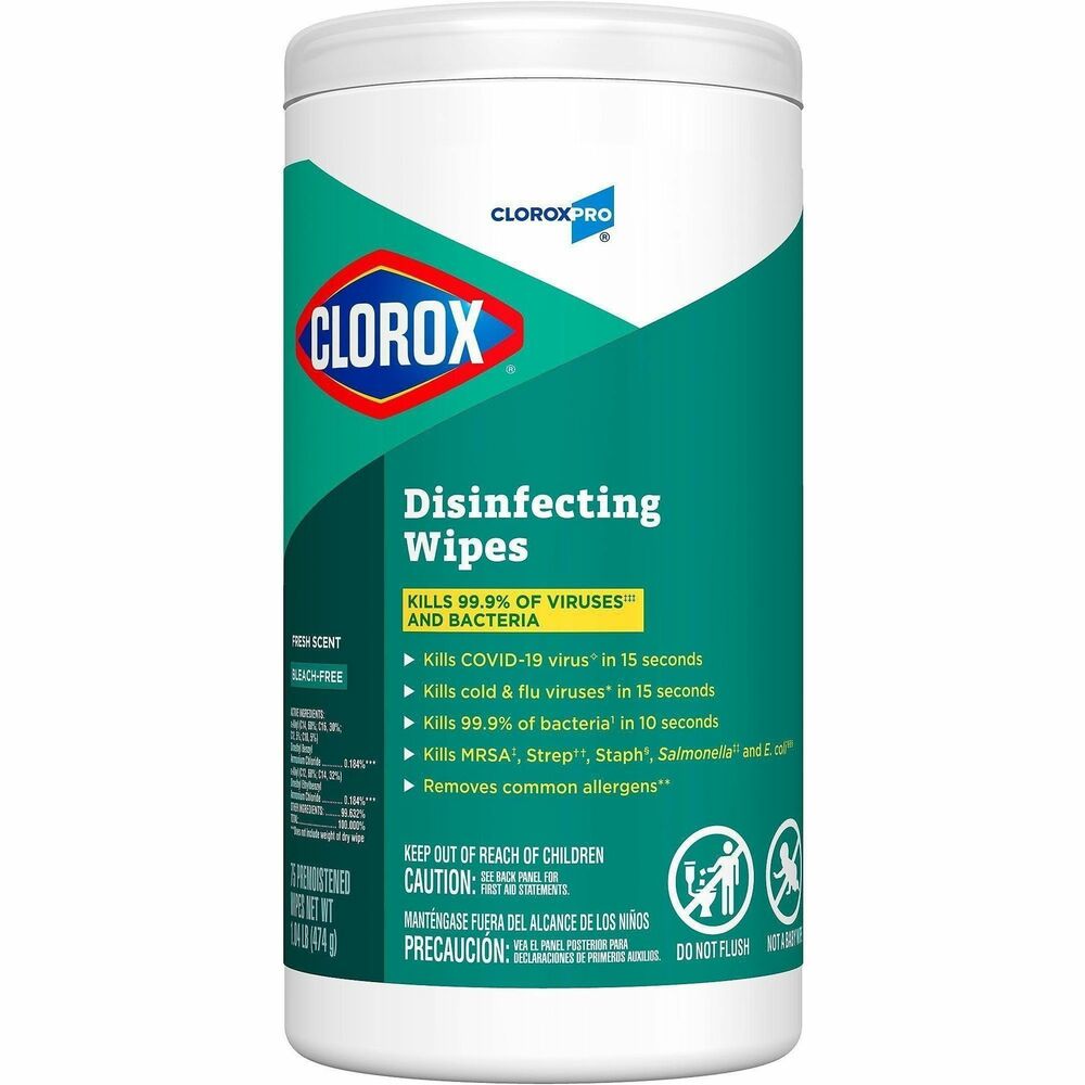 CLO15949 - CloroxPro Disinfecting Wipes clean and disinfect in one easy step. These sanitizing wipes are EPA-registered to kill 99.9 percent of germs including cold and flu viruses, E. coli, Salmonella, Staph, Strep, MRSA and the organism that can cause whooping cough. They also meet EPA criteria for use against SARS-CoV-2, the virus that causes COVID-19, on nonporous surfaces. They remove common allergens like pet dander, pollen particles and grass. One antibacterial wipe can kill bacteria in just 10 seconds - three times faster than before. Premoistened, thick, textured wipes are perfect for spills and dirt on a variety of hard, nonporous surfaces including acrylic, glass and vinyl. They quickly clean and disinfect high-touch, germ hot spots such as doorknobs, handrails and faucets and are suitable for use on phones, keyboards and mice. Wipes are ideal for offices, daycare centers, schools, hotels, restaurants and other commercial facilities. Packaging may vary.