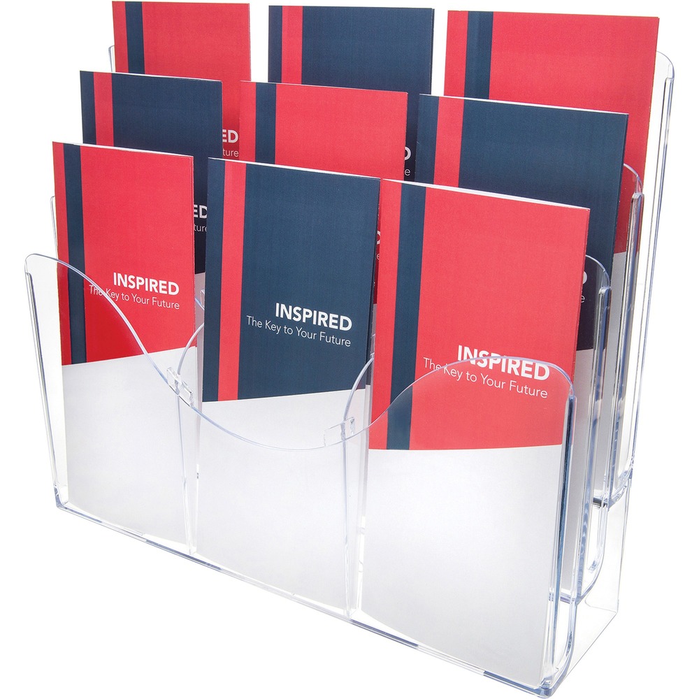 DEF47631 - Versatile document organizer lies flat for horizontal organization or stands upright on desktop. Open-end design allows use with letter-size, legal-size and oversized documents in each of the three tiers. Ribs in the bottom of each compartment prevent sagging. Patented plastic document organizer includes six removable dividers.
