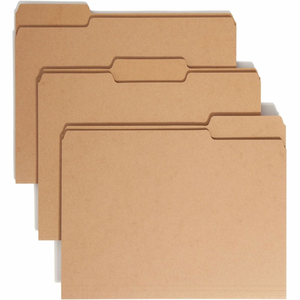 SMD10830 - More durable than standard file folders, Kraft file folders provide extra strength where you need it most. Heavier kraft stock (17 point) is perfect for more demanding applications, such as frequently accessed files or files used in industrial settings. Top tabs are 1/3-cut in assorted positions for easy filing access in drawer filing. File folders hold up to a 3/4" stack of letter-size documents.