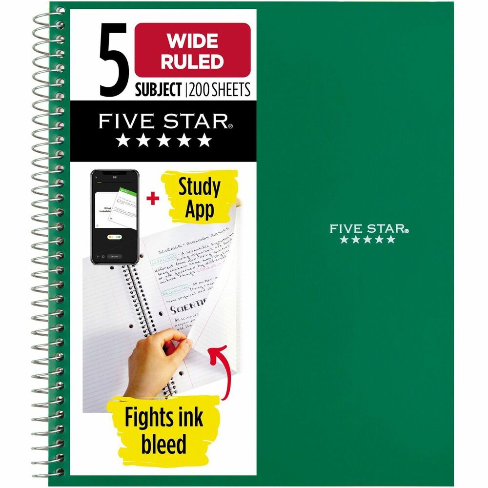 MEA05206 - Five-subject notebook features durable, water-resistant covers to keep your notes protected all year long. Wide-ruled, high-quality paper resists ink bleed to help keep your writing legible. Neat sheet pages are perforated for clean, consistent removal. Spiral lock wire prevents the coil from snagging onto your clothing. Two-pocket page dividers keep your loose sheets organized and are reinforced to prevent tearing.