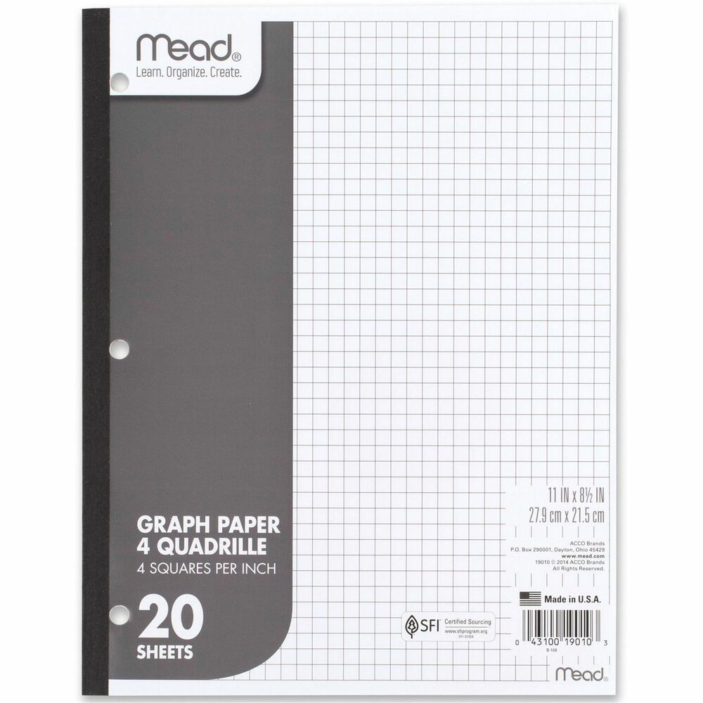 MEA19010 - Create math tables, artwork and more with Q4 Graph Paper Tablet. Paper is quad-ruled with four squares per inch. It's a great choice for students and professionals who need to keep handwriting aligned or create neat drawings. Each sheet is three-hole punched for use with three-ring binders. Paper is side-bound. Pad includes 20 sheets. Wireless binding won't snag on clothes or backpack.
