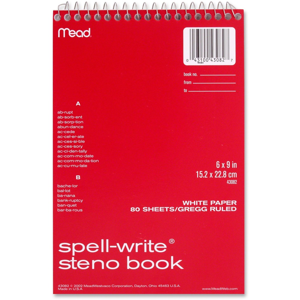 MEA43082 - Wirebound steno book features an old-world, spellcheck system that lets you review 500 commonly misspelled words. Gregg-ruled paper is perforated to easily detach important notes and ideas. Cardboard cover provides reliable protection of your notes. Topbound book includes 80 sheets of white paper.