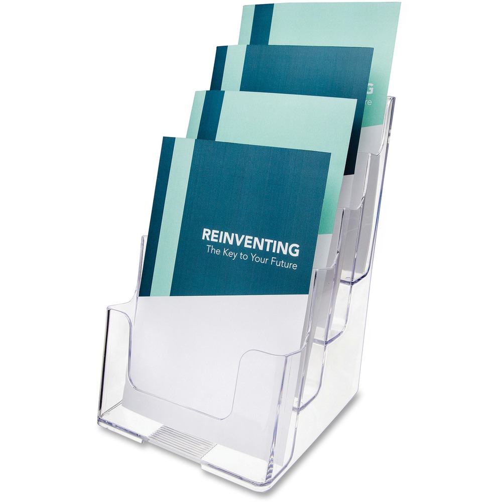 DEF77901 - Document holder offers a compact size that saves tabletop space while displaying a variety of literature in four 6-3/8" wide brochure-size pockets. Four compartment document holder is made of clear durable plastic. Use freestanding or mount to wall.