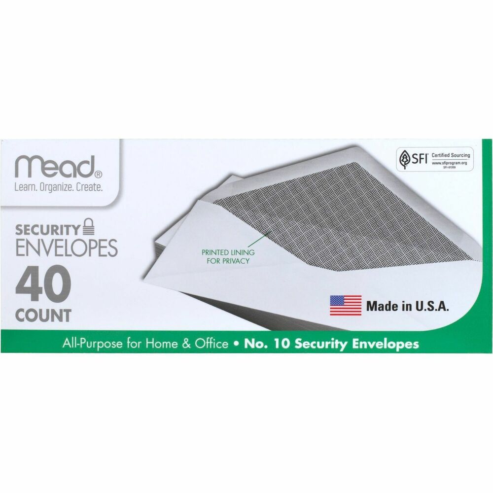 MEA75214 - Keep prying eyes off your important documents with this No. 10 security envelope with a security tint. The printed lining for privacy is ideal for sending confidential mail. Diagonal flap is fully gummed for secure seal. Each envelope is 20 lb.
