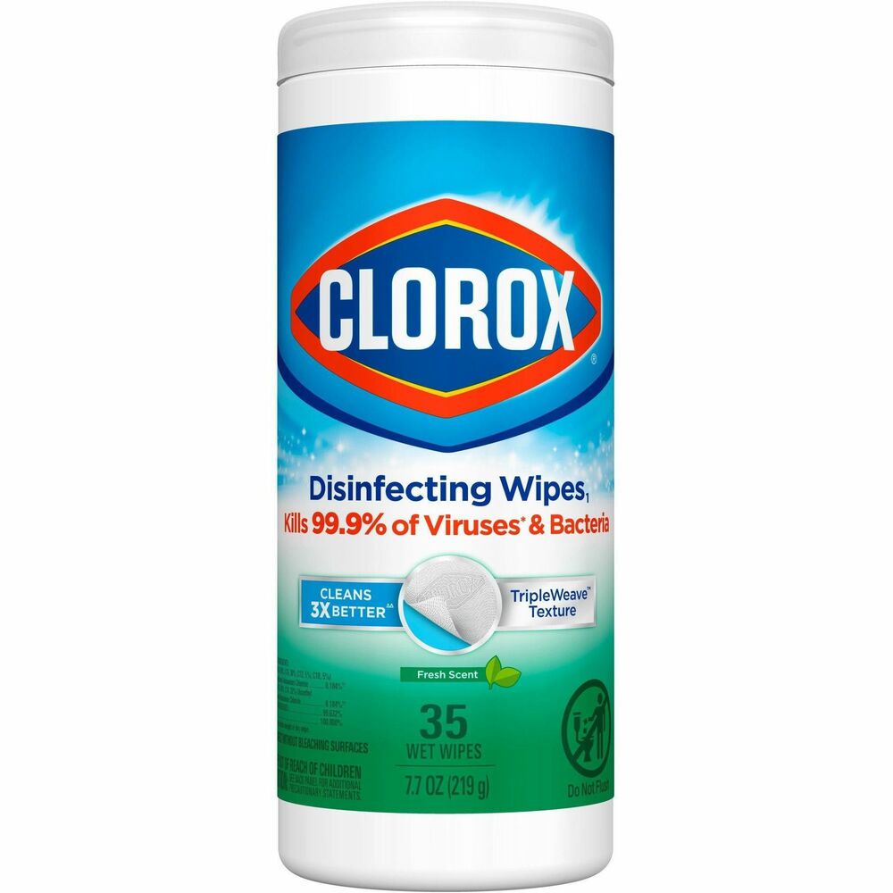 CLO01593 - Clorox Disinfecting Wipes clean, disinfect, deodorize and remove allergens for five times the cleaning power and leave behind a pleasant, fresh scent. Wipes clean and disinfect with antibacterial power that kills 99.9 percent of viruses and bacteria that can live on hard, nonporous surfaces, including COVID-19 Virus, staph, E. coli, MRSA, salmonella, strep and Kleb. These all-purpose, disposable wipes remove common allergens, germs and messes on surfaces like kitchen counters, bathroom surfaces and more and can prevent the growth of odor-causing bacteria on nonfood-contact surfaces for up to 24 hours. Wipes are safe to use on finished wood, sealed granite and stainless steel. Clean with bleach-free wipes to keep dirt and germs away. Use as directed and allow surfaces to air-dry.