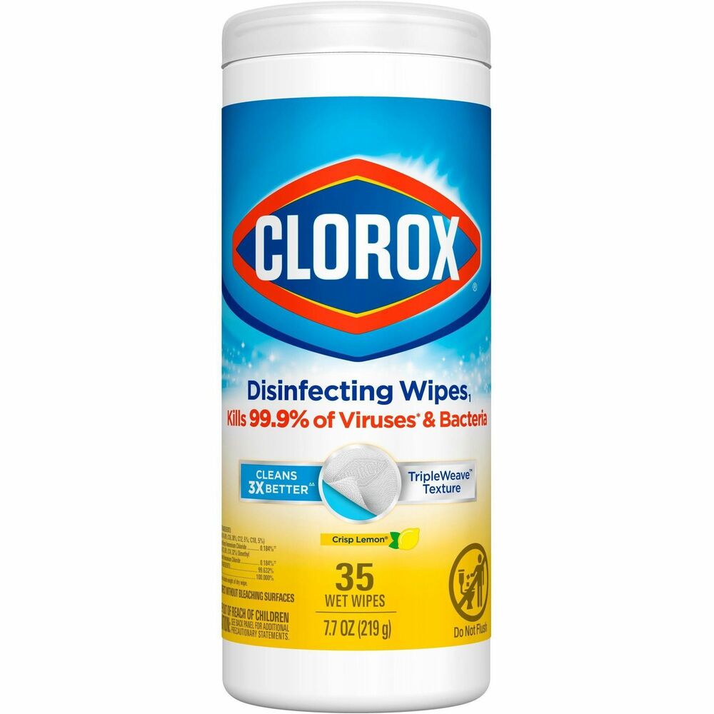 CLO01594 - Clorox Disinfecting Wipes clean, disinfect, deodorize and remove allergens for five times the cleaning power and leave behind a pleasant, crisp lemon scent. Wipes clean and disinfect with antibacterial power that kills 99.9 percent of viruses and bacteria that can live on hard, nonporous surfaces, including COVID-19 Virus, staph, E. coli, MRSA, salmonella, strep and Kleb. These all-purpose, disposable wipes remove common allergens, germs and messes on surfaces like kitchen counters, bathroom surfaces and more and can prevent the growth of odor-causing bacteria on nonfood-contact surfaces for up to 24 hours. Wipes are safe to use on finished wood, sealed granite and stainless steel. Clean with bleach-free wipes to keep dirt and germs away. Use as directed and allow surfaces to air-dry.