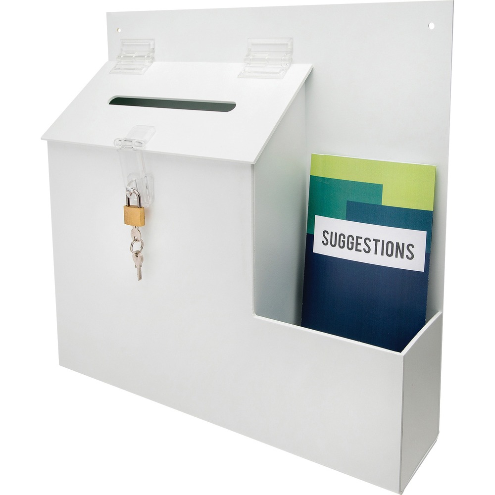 DEF79803 - Suggestion box with lock is ideal for holding suggestions, raffle tickets, comment cards and more. Design features an acrylic construction and built-in pocket to hold literature up to 4-1/8" wide. Front latch allows you to lock box for added security. Suggestion box mounts flat against wall with included mounting hardware or stands up on countertop.