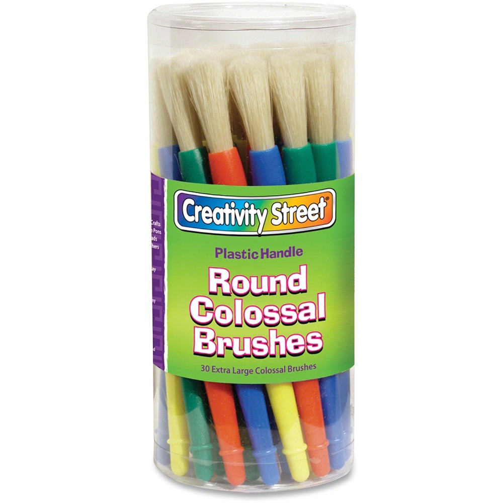 PAC5160 - Colossal brushes feature an extra-large design that holds even more paint. Plastic handles and ferrules are easy to clean for quick reorganization. Durable plastic canister holds 30 brushes when they're not in use. Brushes are designed for ages 3 and up.
